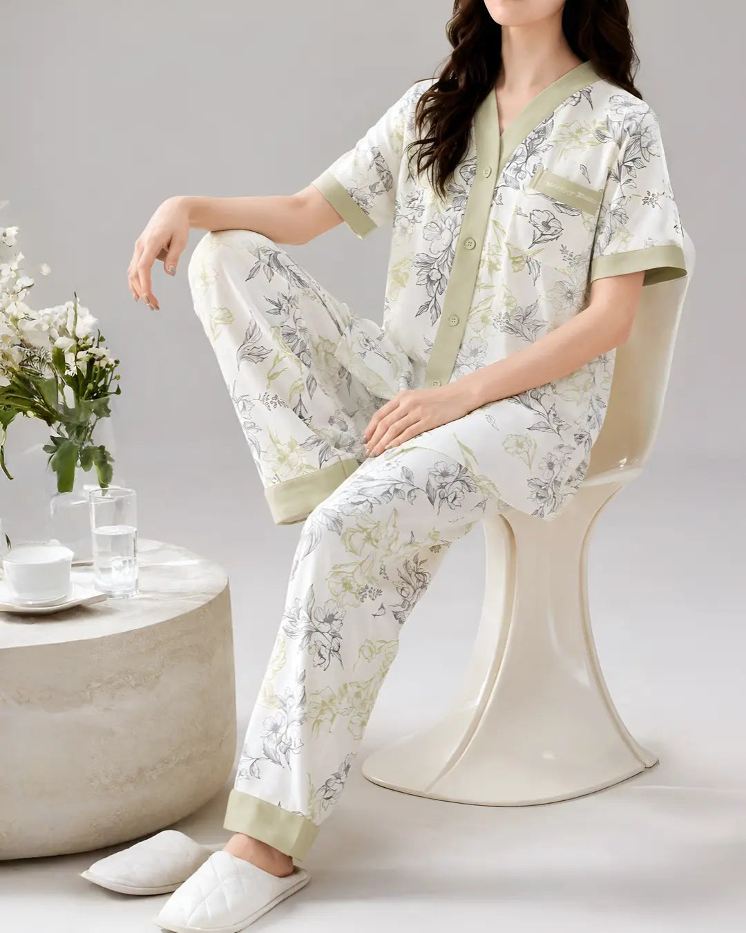 V-Neck Botanical Print Women Nightwear Set