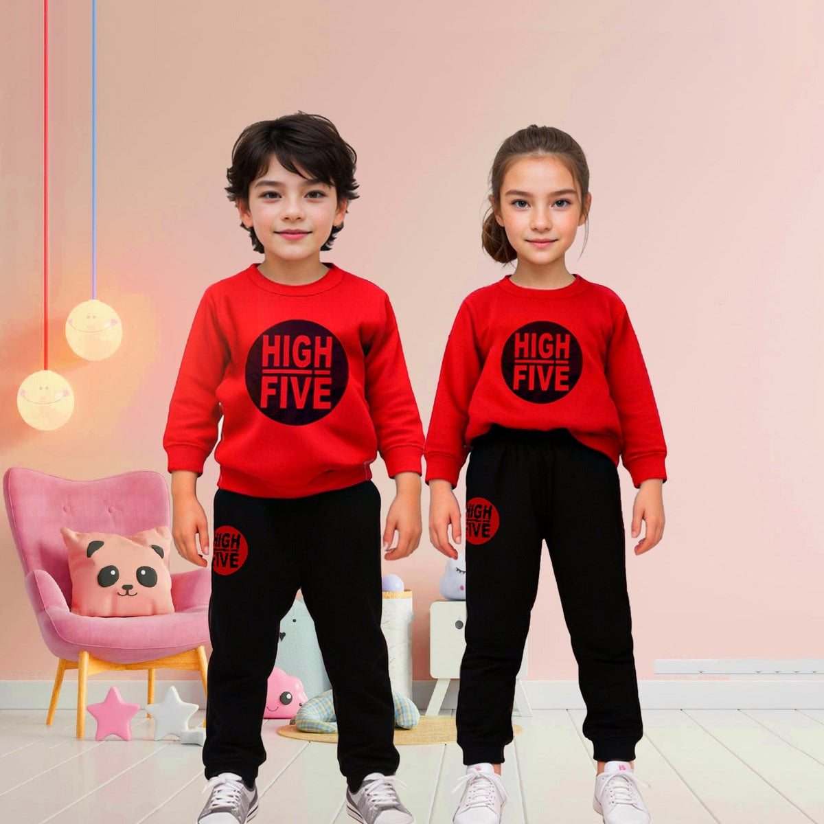 Fleece Fabric Red High Five Printed Kids Winter Suit ( Each )
