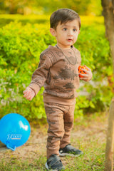 Fleece Fabric Brown Dinosaur Printed  Kids Winter Suit ( Each )