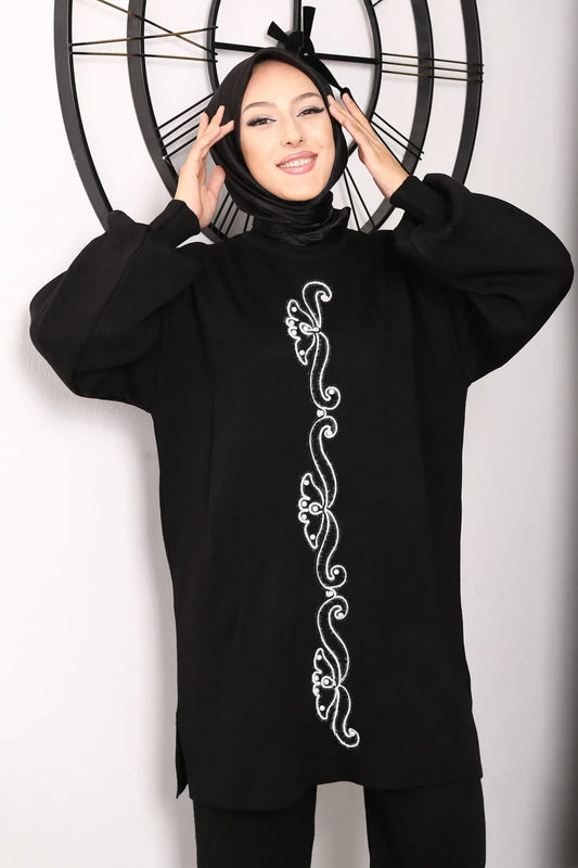 Winter Black Floral Printed Long Sleeves 2 PCs Co-Ord Set