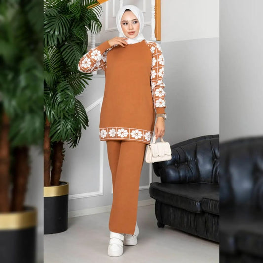 Winter Camel  Sunflower Printed Long Sleeves 2 PCs Co-Ord Set