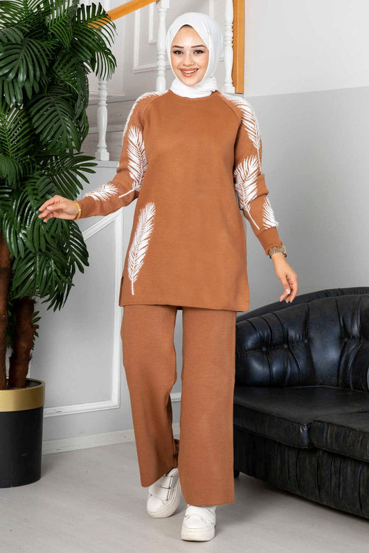 Winter Camel Feather Printed Long Sleeves 2 PC Co-Ord Set For Women