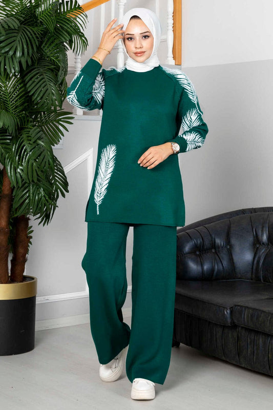 Winter C-Green Camel Feather Printed Long Sleeves 2 PC Co-Ord Set For Women