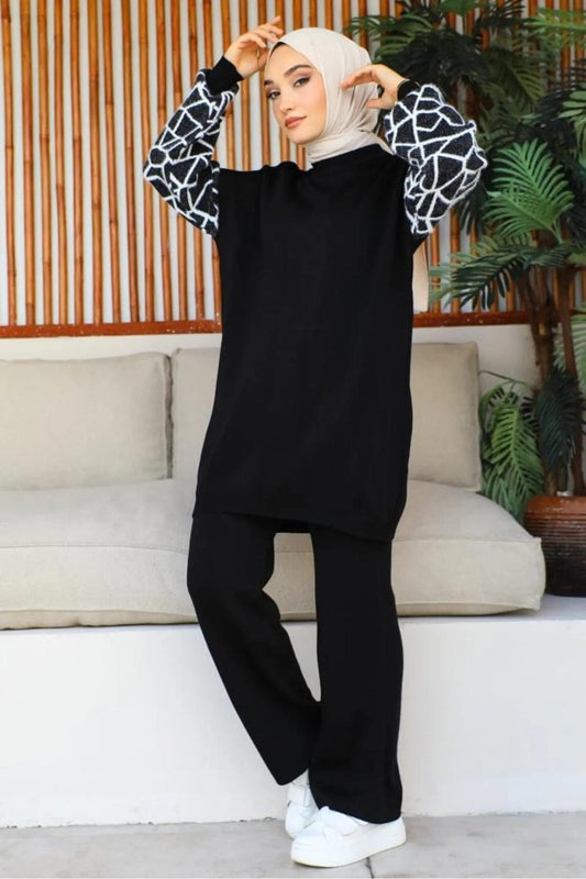 Winter Black Graffe Printed Long Sleeves 2 PC Co-Ord Set For Women