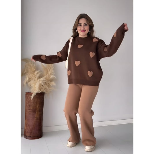 Winter Brown Heart Printed 2 PC Co-Ord Set