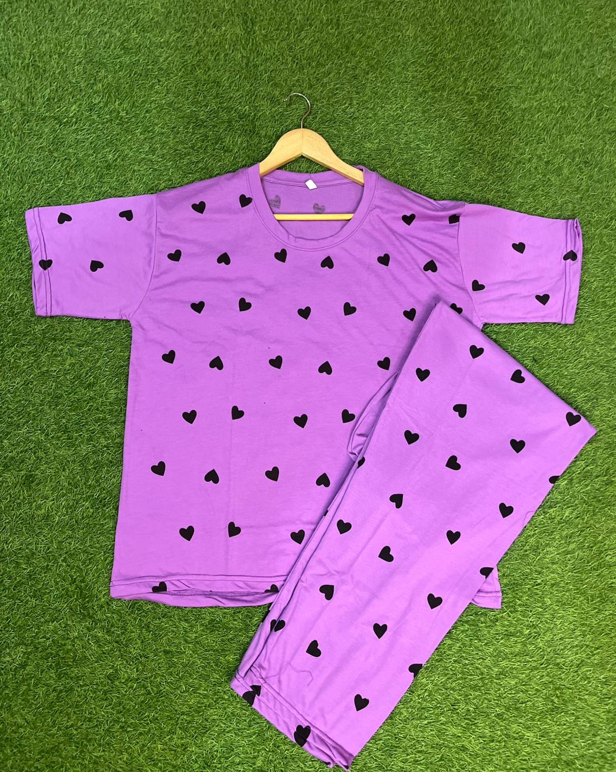 Purple Black Multi Heart Printed Night Suit