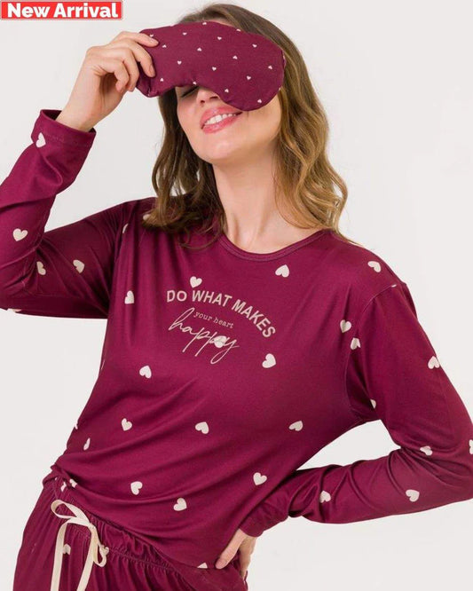Wine Heart Print Pajama & Eye Mask PJ Set