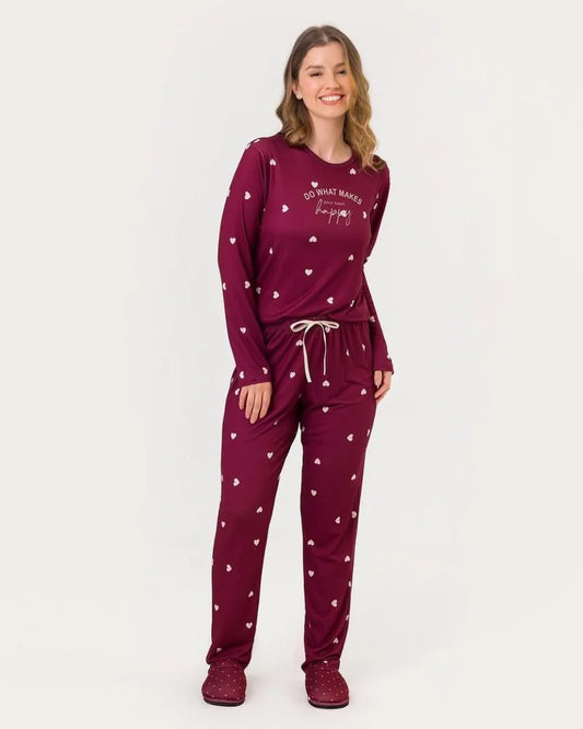 Wine Heart Print Pajama & Eye Mask PJ Set