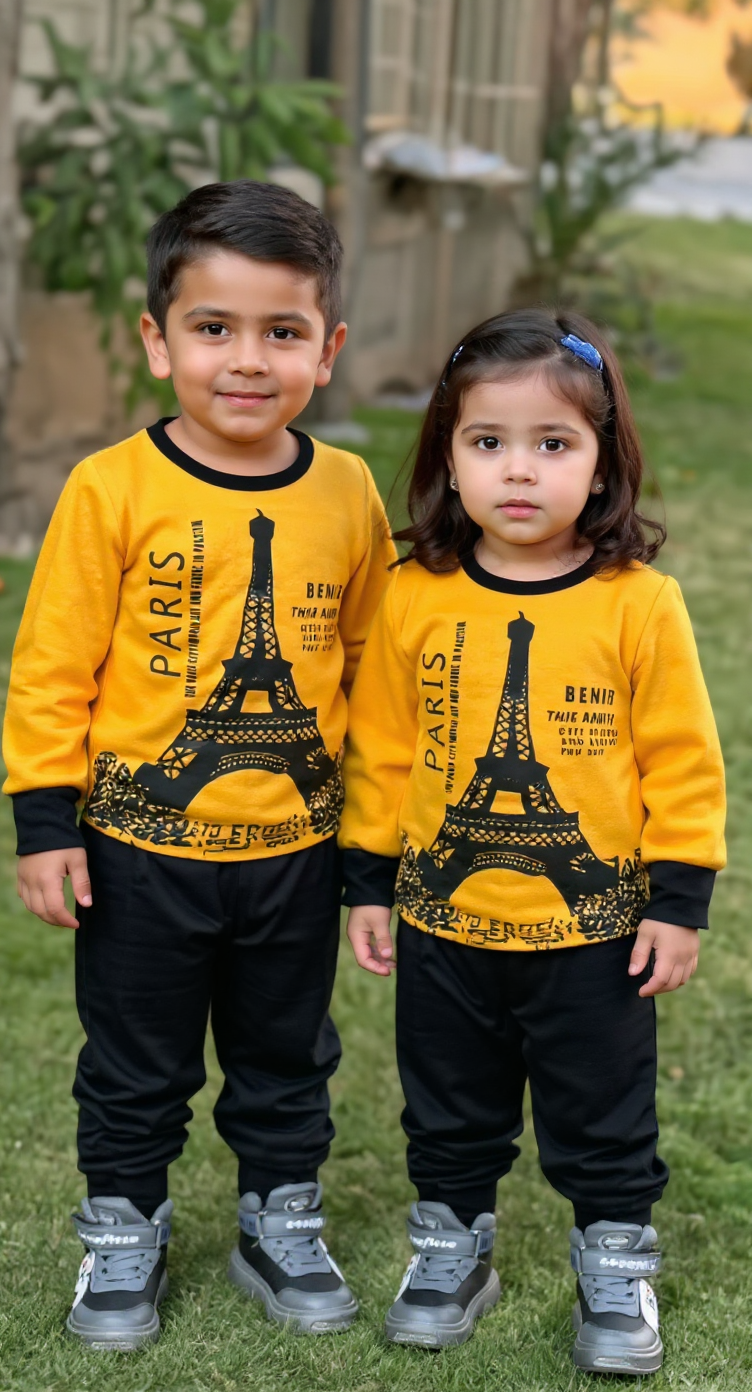 Fleece Fabric Yellow  Paris Printed Suit  ( Each )