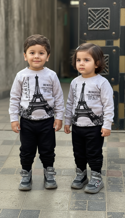 Fleece Fabric Grey Paris Printed Suit  ( Each )