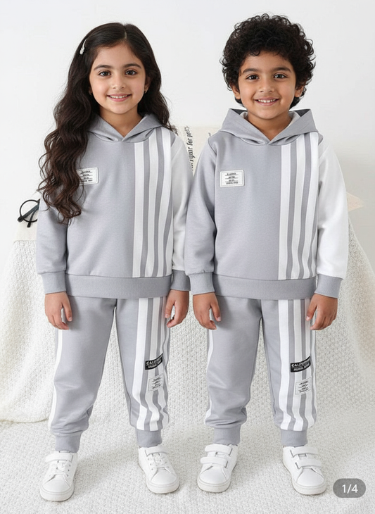 Grey Line Printed Kids Winter Hoodies Suit (Each)