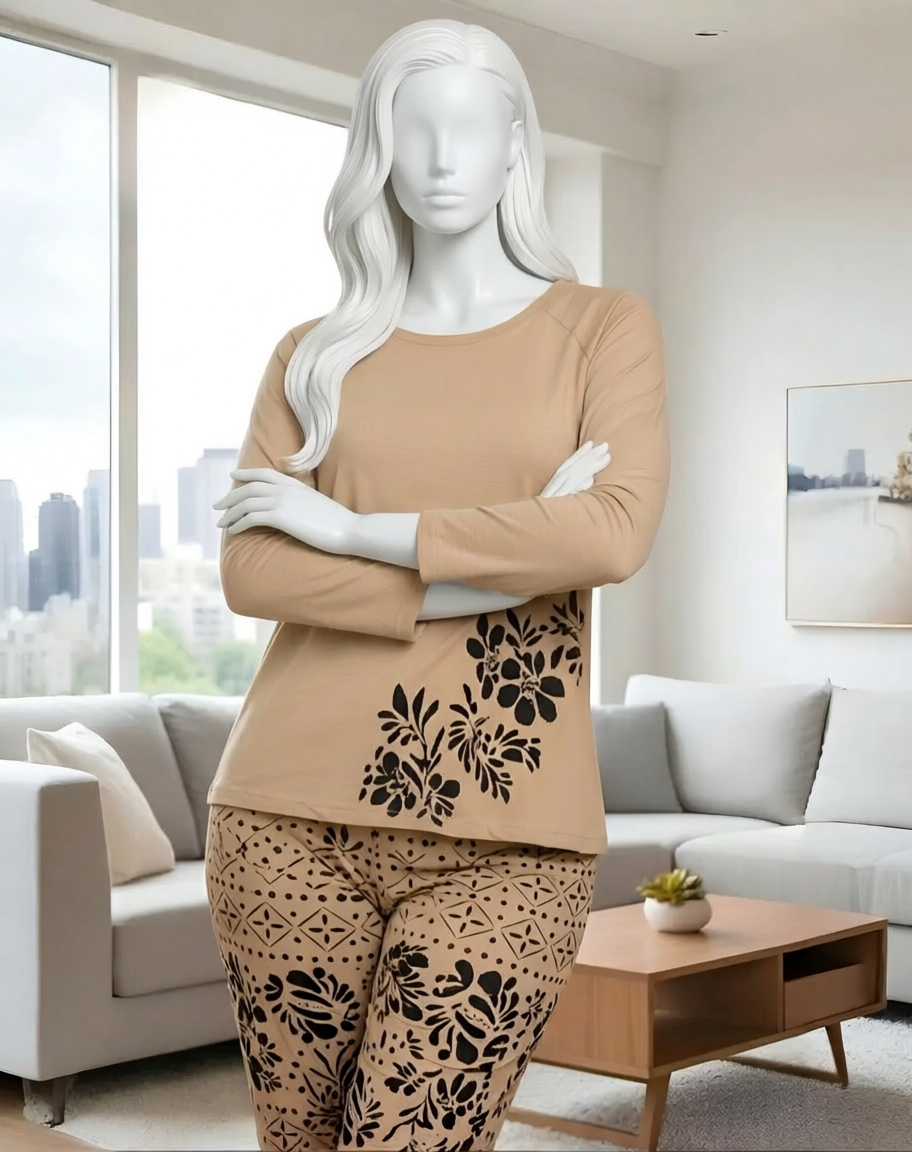 Beige Flower Print Night Suit