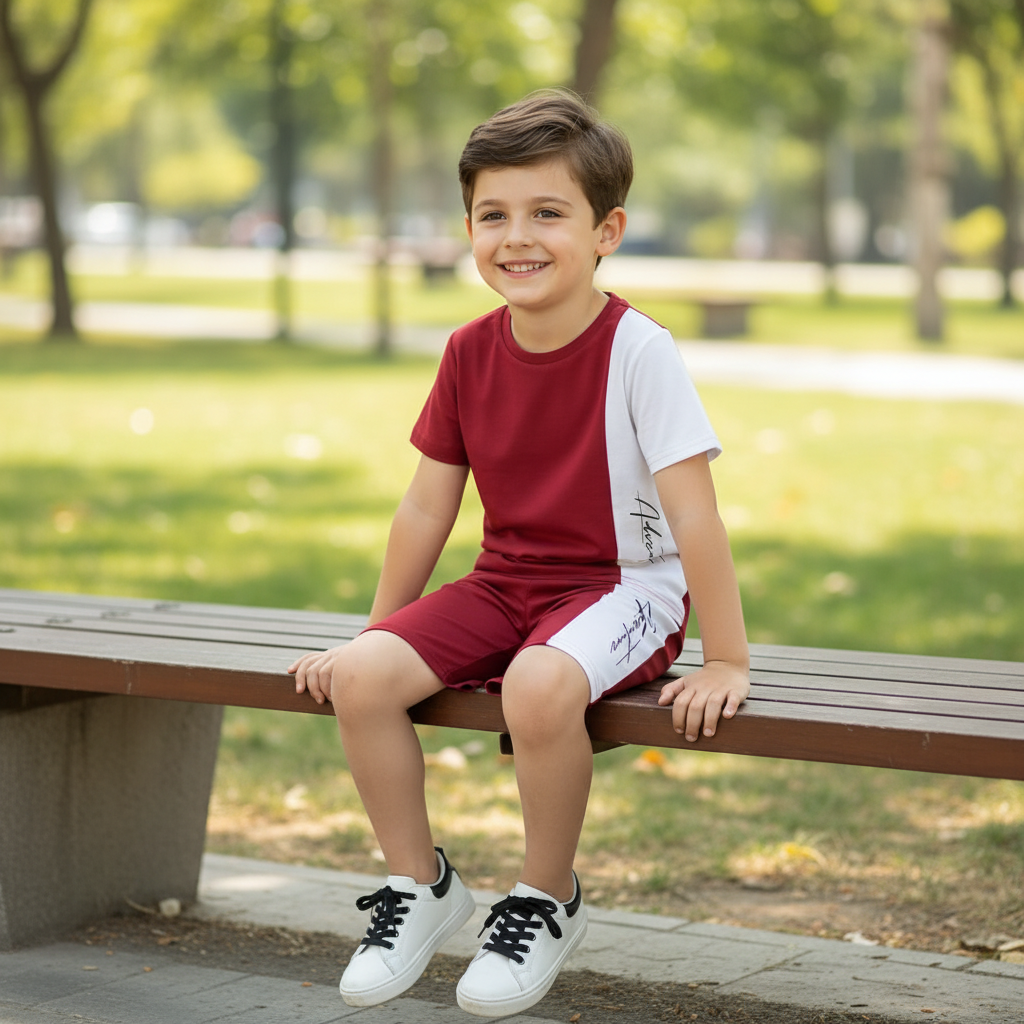 Maroon Signature Printed Kids Short Set (Each)