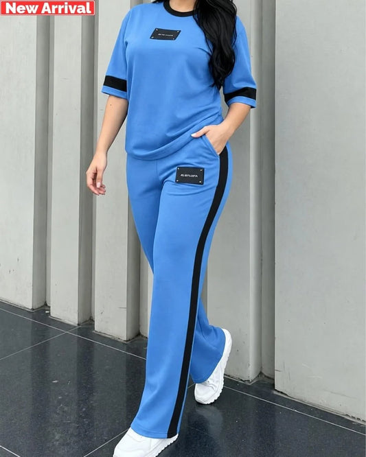 Blue Elegant Round Neck Penal Co-Ord Set