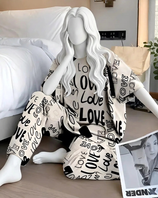 Biege Love Printed Night Suit