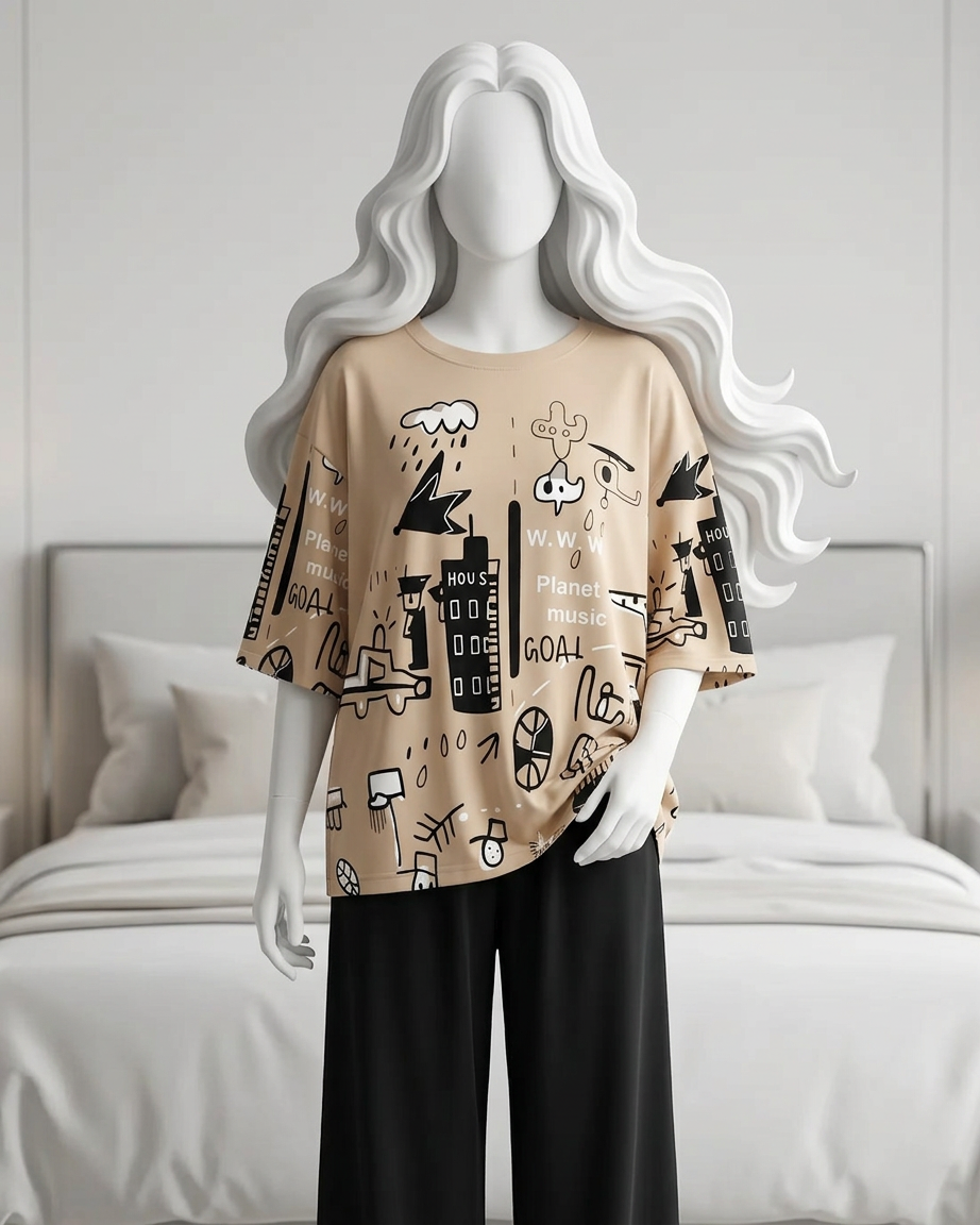 Creamy Funcky Printed Night Suit
