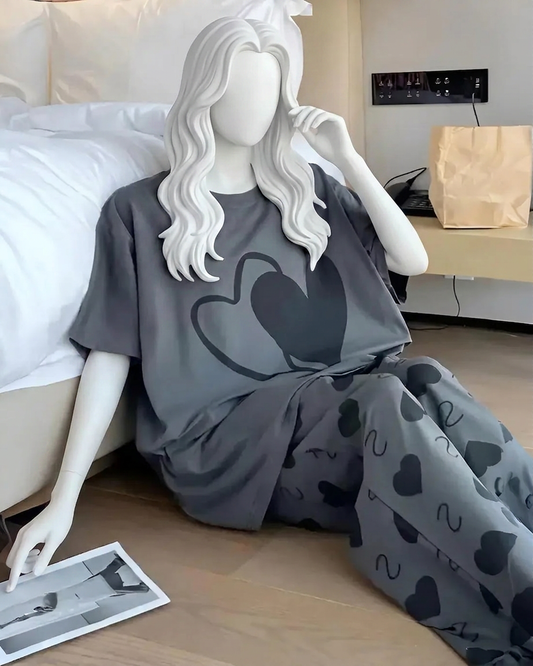 Grey Double Heart Half Sleeve Printed Night Suits