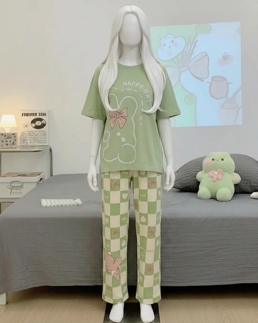 Olive Green Printed Night Suit