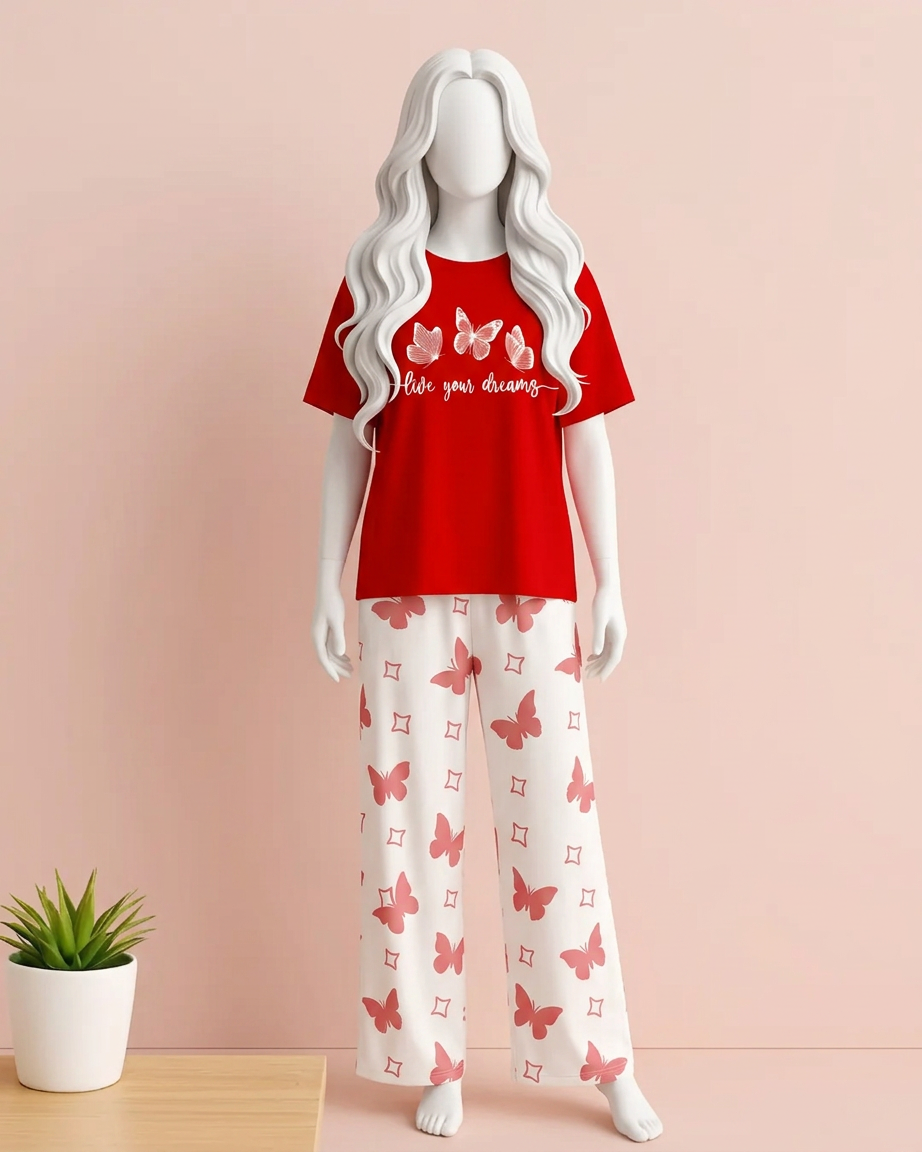 Soft Red Butterfly Print Nightwear Set