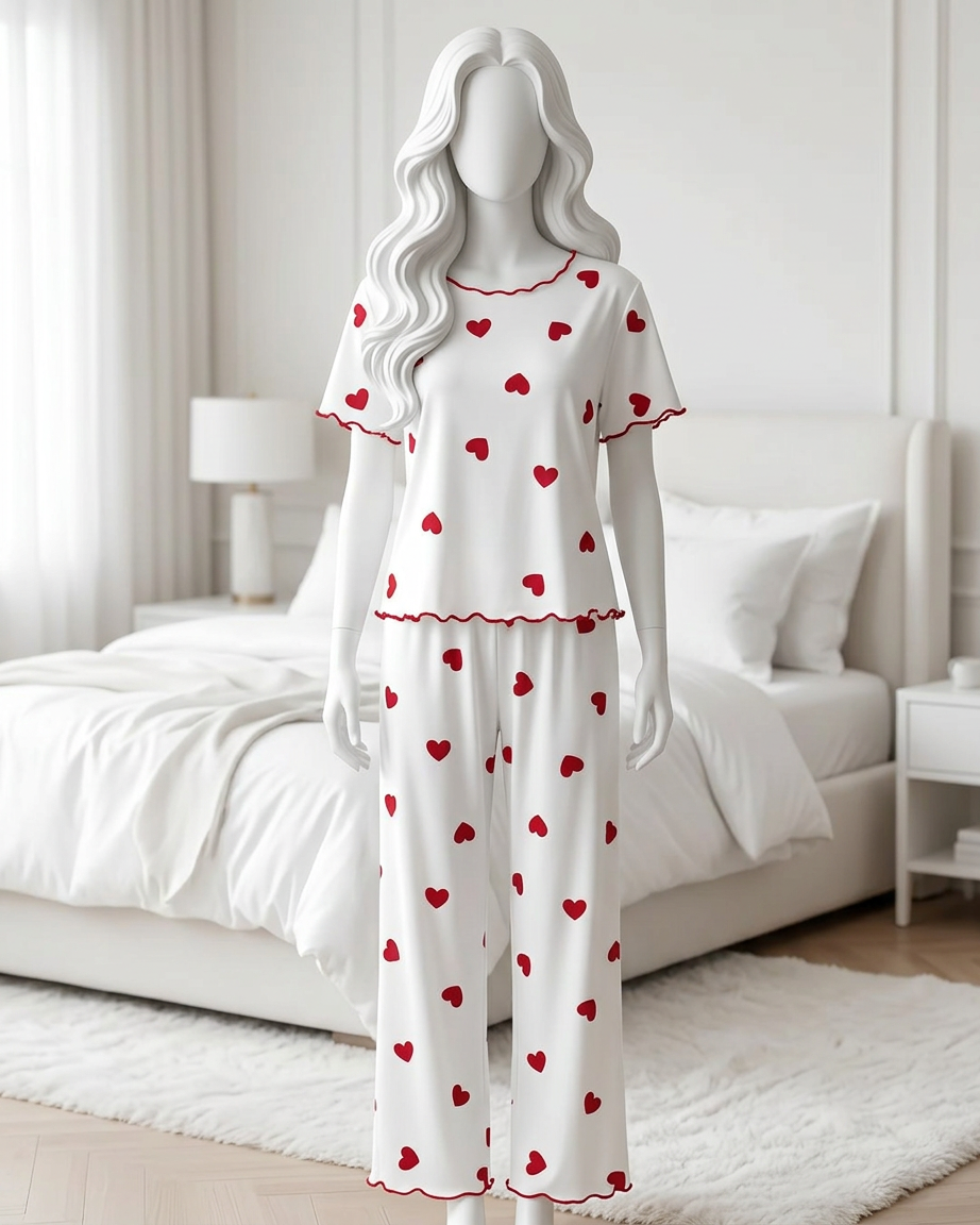 White Red Heart Print Women Nightwear Set