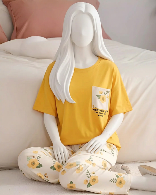 Yellow Flower Printed Night Suit