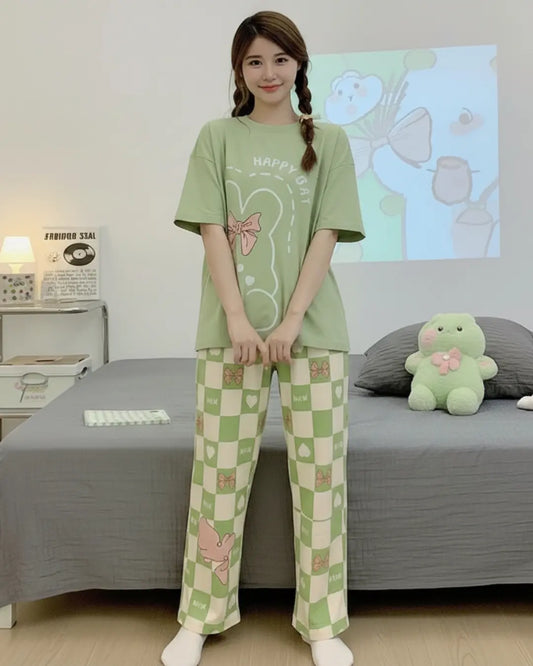 Olive Green Printed Night Suit