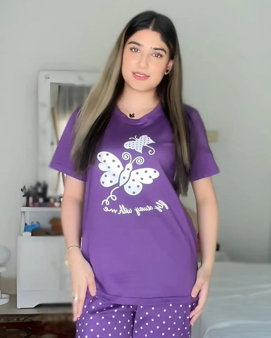 Purple Butterfly Printed Night Suit