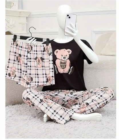 3 Piece Printed Night Suit Check Panda