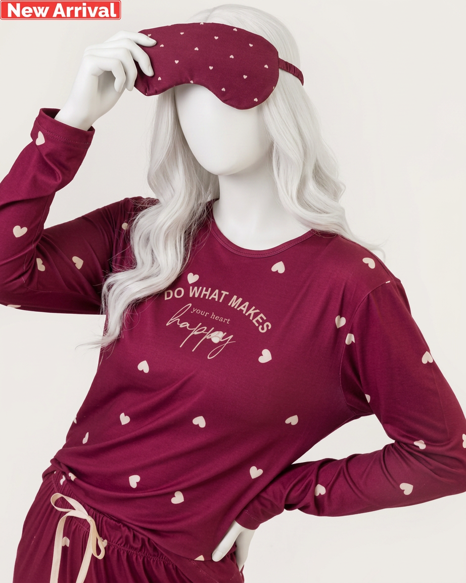 Wine Heart Print Pajama & Eye Mask PJ Set