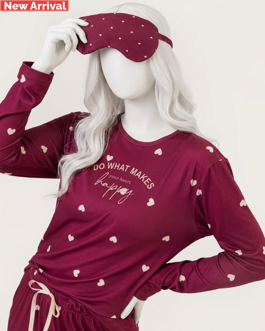 Wine Heart Print Pajama & Eye Mask PJ Set